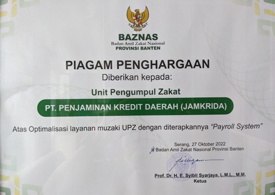 JAMKRIDA BANTEN RAIH PENGHARGAAN DARI BAZNAS